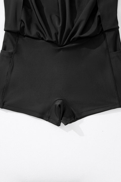 Solid Pocketed Crossover High Waist Swim Skort
